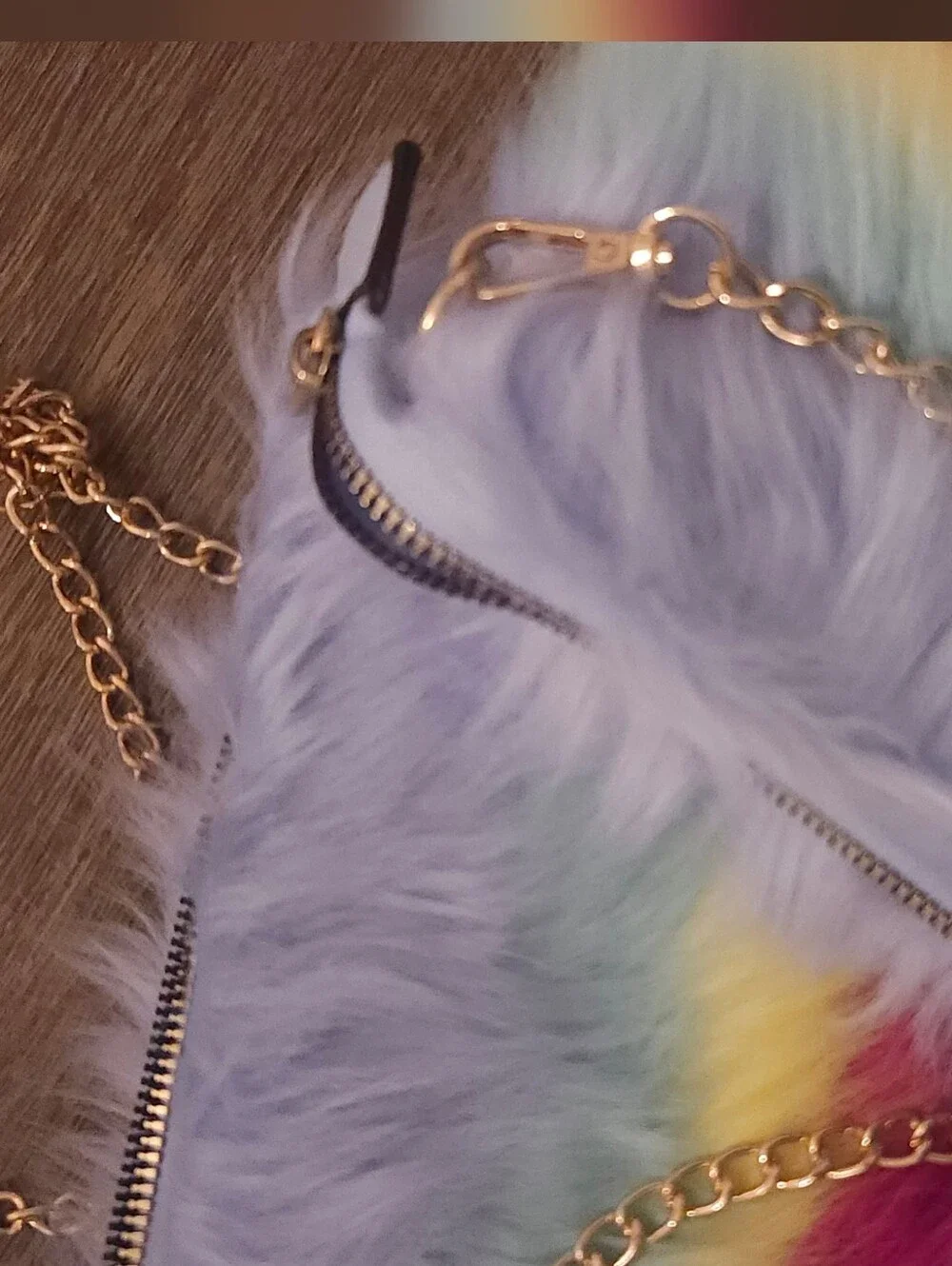 Set Of 2 - Pastel Rainbow Faux Fur Crossbody Bag with Gold Chain